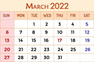 March 2022 calendar with holidays