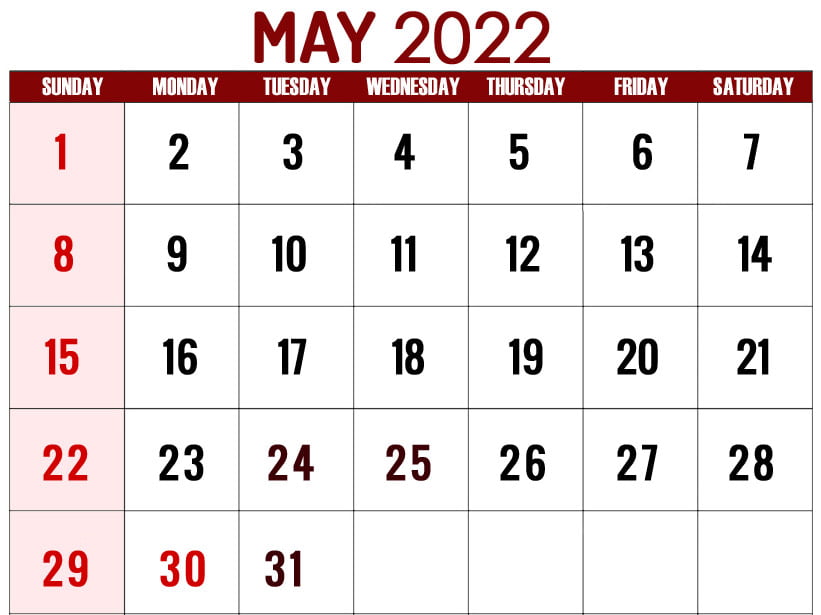 2022 May calendar with holidays USA free printable