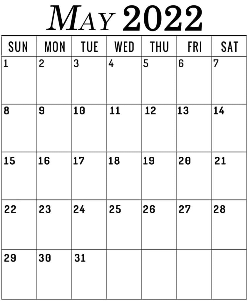 May 2022 vertical calendar portrait printable free