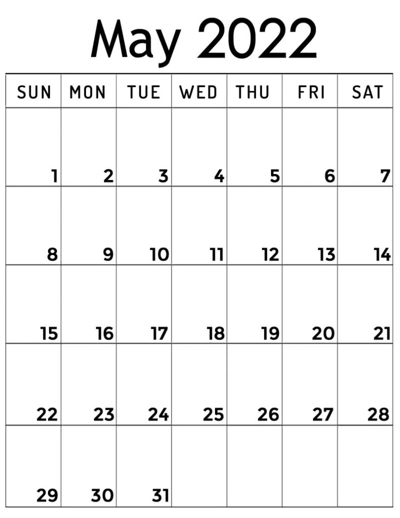 blank May 2022 vertical calendar